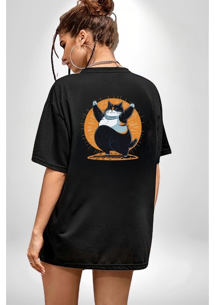Komik Şişman Yoga Kedi Siyah Oversize Kadın Erkek Ön ve Sırt Baskılı Tişört indirimleri
