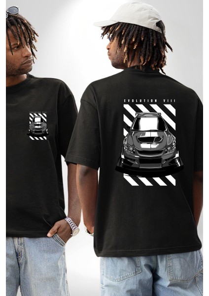 Siyah Beyaz Spor Hatchback Araba Siyah Oversize Kadın Erkek Ön ve Sırt Baskılı Tişört