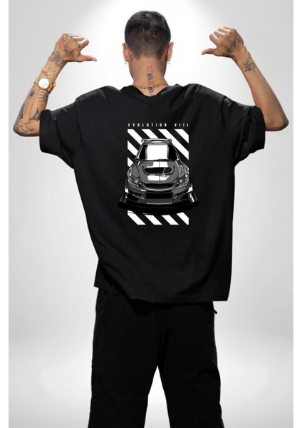 Siyah Beyaz Spor Hatchback Araba Siyah Oversize Kadın Erkek Ön ve Sırt Baskılı Tişört indirimleri