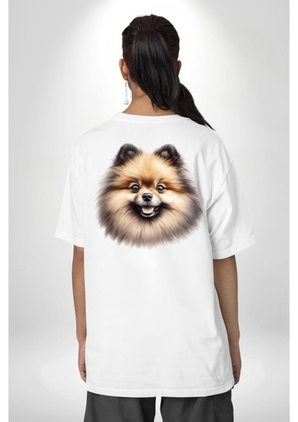 Efsane Pomeranian Küçük Irk Köpek Tasarımı Beyaz Oversize Kadın Erkek Ön ve Sırt Baskılı Tişört fiyatları