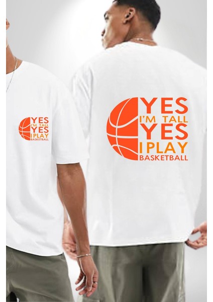 Basketbol Severlere Özel Beyaz Oversize Kadın Erkek Ön ve Sırt Baskılı Tişört