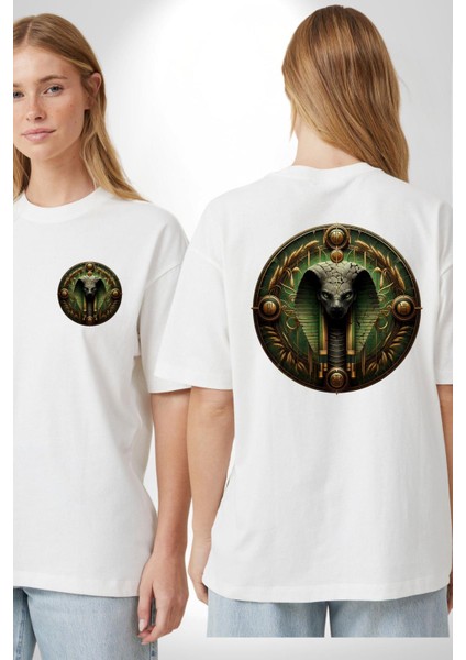 Mısır Mitolojisi Renenutet Doğa ve Koruma Beyaz Oversize Kadın Erkek Ön ve Sırt Baskılı Tişört