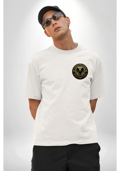 Mısır Mitolojisi Renenutet Doğa ve Koruma Beyaz Oversize Kadın Erkek Ön ve Sırt Baskılı Tişört modelleri