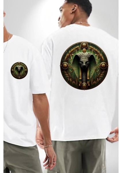 Mısır Mitolojisi Renenutet Doğa ve Koruma Beyaz Oversize Kadın Erkek Ön ve Sırt Baskılı Tişört fırsatları