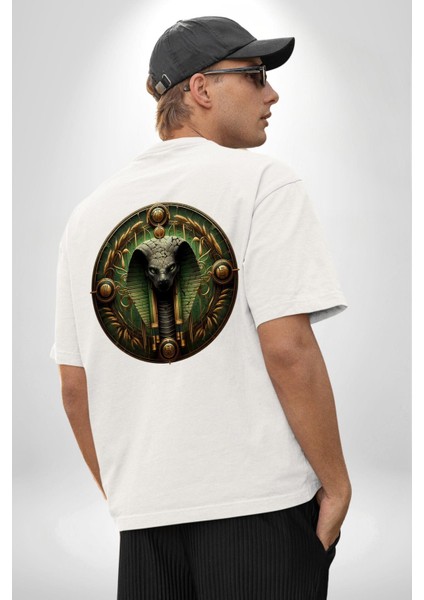 Mısır Mitolojisi Renenutet Doğa ve Koruma Beyaz Oversize Kadın Erkek Ön ve Sırt Baskılı Tişört indirimleri