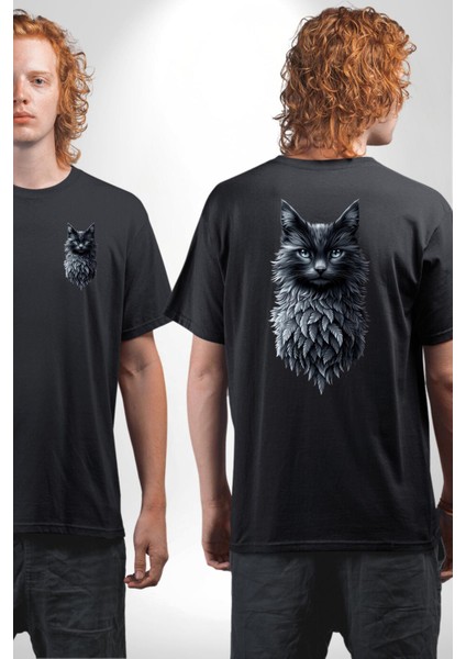 Gotik Ruhlu Doğa ve Kedi Siyah Oversize Kadın Erkek Ön ve Sırt Baskılı Tişört