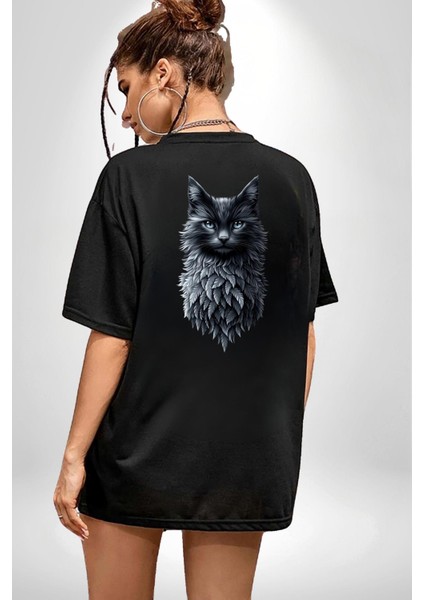 Gotik Ruhlu Doğa ve Kedi Siyah Oversize Kadın Erkek Ön ve Sırt Baskılı Tişört fiyatları