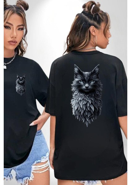 Gotik Ruhlu Doğa ve Kedi Siyah Oversize Kadın Erkek Ön ve Sırt Baskılı Tişört fırsatları