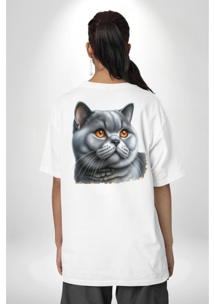 Exotic Shorthair Kedi Beyaz Oversize Kadın Erkek Ön ve Sırt Baskılı Tişört indirimleri