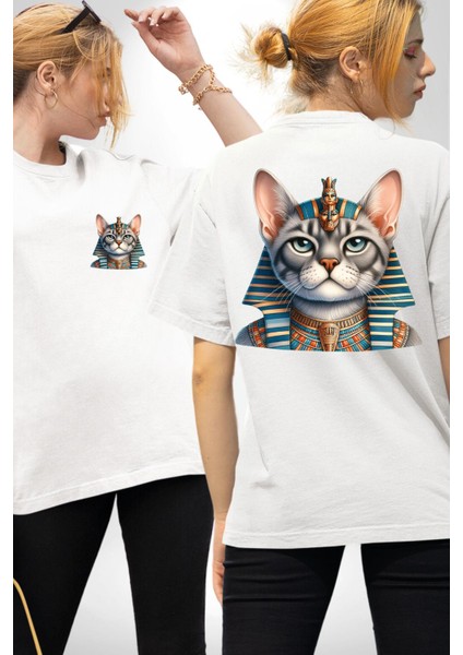 Egyptian Mau'nun Kraliyet Tacı Kedi Beyaz Oversize Kadın Erkek Ön ve Sırt Baskılı Tişört
