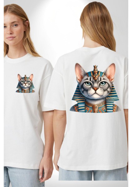 Egyptian Mau'nun Kraliyet Tacı Kedi Beyaz Oversize Kadın Erkek Ön ve Sırt Baskılı Tişört fırsatları