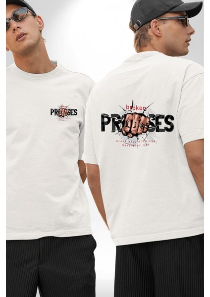 Yalanlarını Tut, Sözlerini Kır! Beyaz Oversize Kadın Erkek Ön ve Sırt Baskılı Tişört