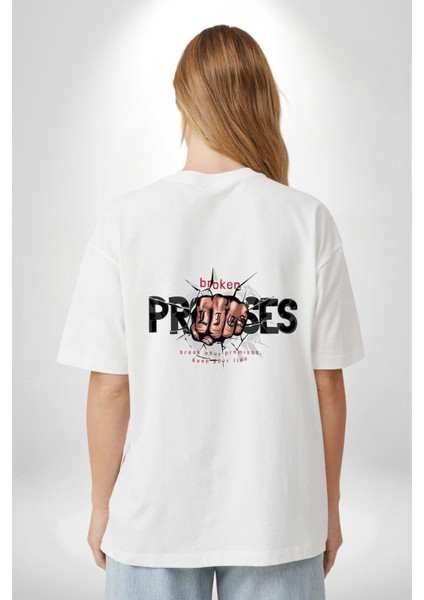 Yalanlarını Tut, Sözlerini Kır! Beyaz Oversize Kadın Erkek Ön ve Sırt Baskılı Tişört fiyatları