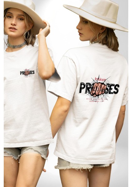 Yalanlarını Tut, Sözlerini Kır! Beyaz Oversize Kadın Erkek Ön ve Sırt Baskılı Tişört fırsatları