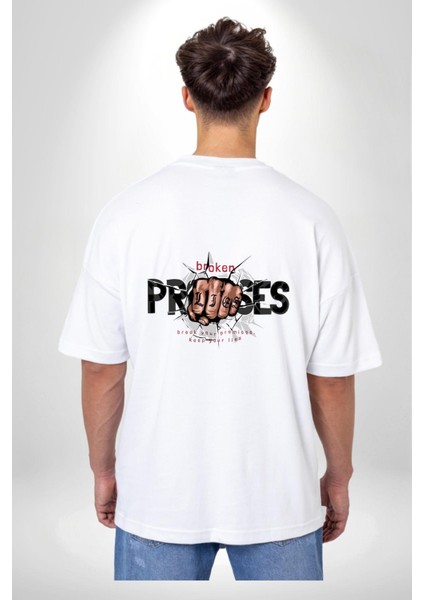 Yalanlarını Tut, Sözlerini Kır! Beyaz Oversize Kadın Erkek Ön ve Sırt Baskılı Tişört indirimleri