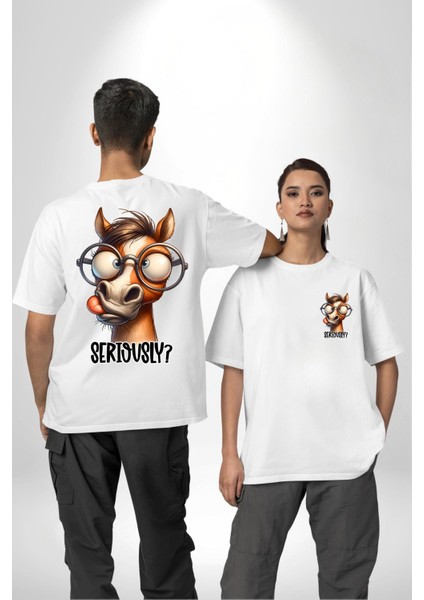 Gözlüklü At Ciddi Misin? Mizah Komik Tasarım Beyaz Oversize Kadın Erkek Ön ve Sırt Baskılı Tişört