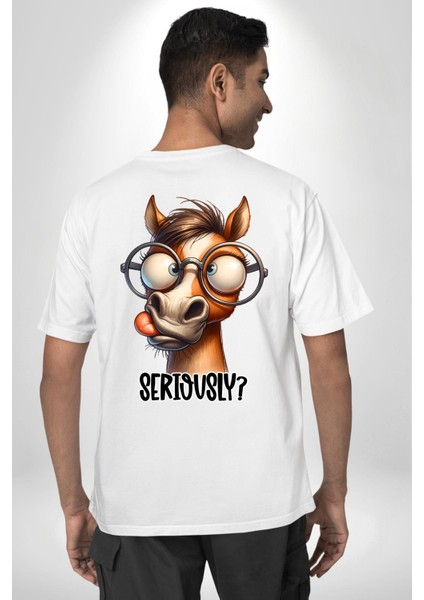 Gözlüklü At Ciddi Misin? Mizah Komik Tasarım Beyaz Oversize Kadın Erkek Ön ve Sırt Baskılı Tişört fiyatları