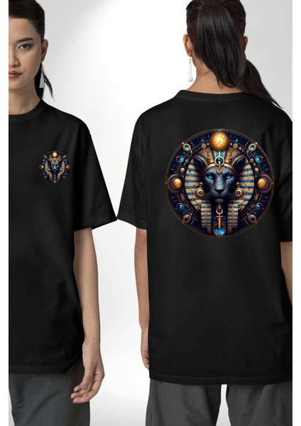 Mavi Aslan Tefnut Nem ve Su Elementi Mısır Siyah Oversize Kadın Erkek Ön ve Sırt Baskılı Tişört