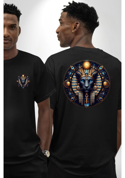 Mavi Aslan Tefnut Nem ve Su Elementi Mısır Siyah Oversize Kadın Erkek Ön ve Sırt Baskılı Tişört fırsatları