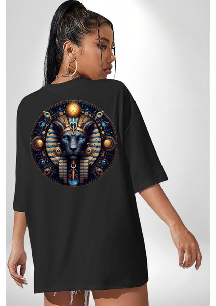 Mavi Aslan Tefnut Nem ve Su Elementi Mısır Siyah Oversize Kadın Erkek Ön ve Sırt Baskılı Tişört indirimleri
