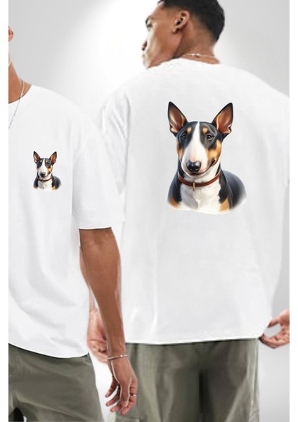 Cesur Miniature Bull Terrier Köpek Beyaz Oversize Kadın Erkek Ön ve Sırt Baskılı Tişört