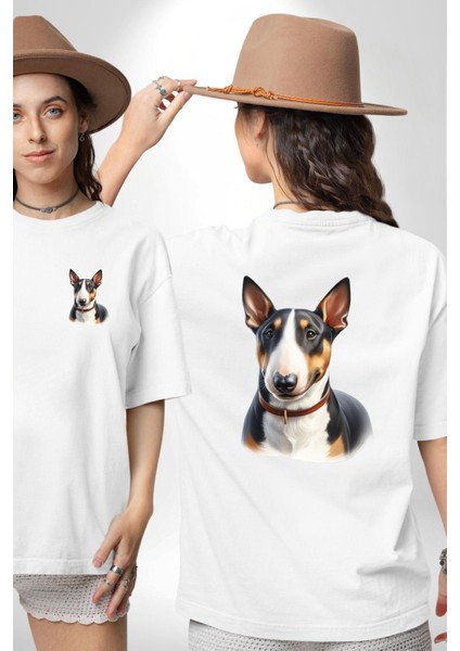 Cesur Miniature Bull Terrier Köpek Beyaz Oversize Kadın Erkek Ön ve Sırt Baskılı Tişört fırsatları