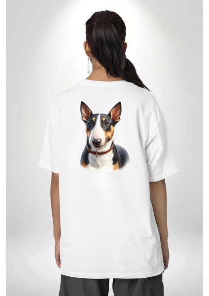 Cesur Miniature Bull Terrier Köpek Beyaz Oversize Kadın Erkek Ön ve Sırt Baskılı Tişört indirimleri