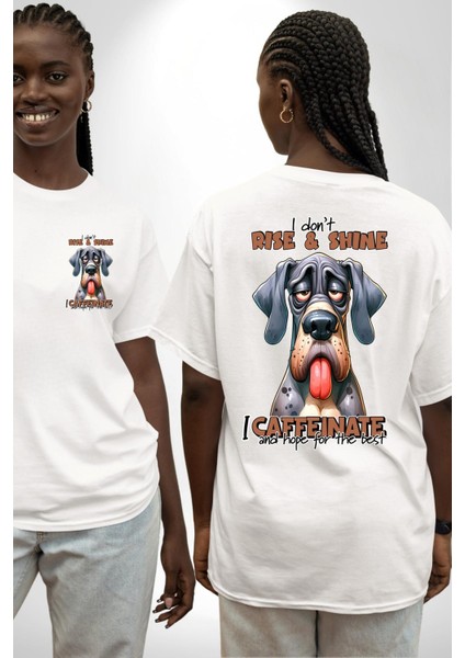 Kahve Içmeden Güne Başlamam Beyaz Oversize Kadın Erkek Ön ve Sırt Baskılı Tişört