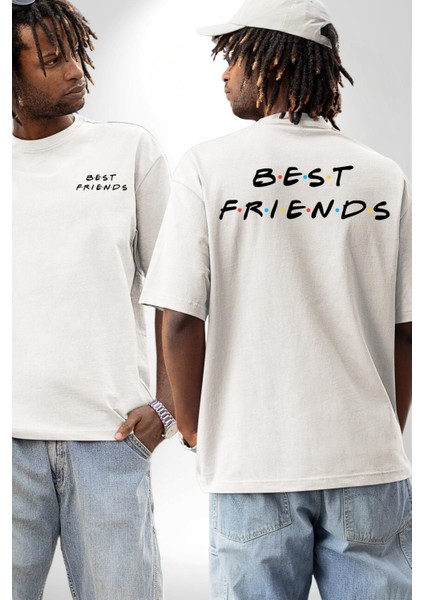 Renkli En Iyi Arkadaş Yazılı Beyaz Oversize Kadın Erkek Ön ve Sırt Baskılı Tişört