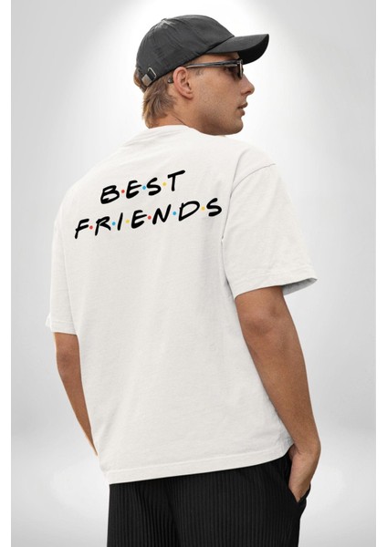 Renkli En Iyi Arkadaş Yazılı Beyaz Oversize Kadın Erkek Ön ve Sırt Baskılı Tişört fiyatları