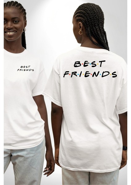 Renkli En Iyi Arkadaş Yazılı Beyaz Oversize Kadın Erkek Ön ve Sırt Baskılı Tişört fırsatları