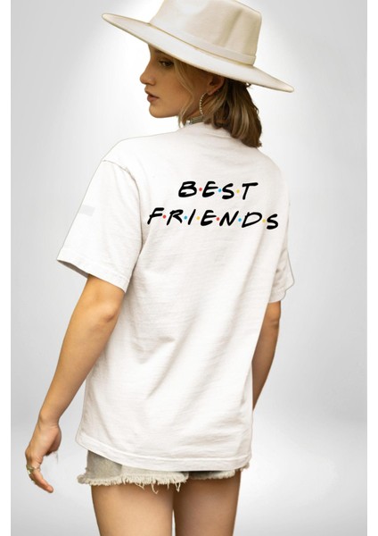 Renkli En Iyi Arkadaş Yazılı Beyaz Oversize Kadın Erkek Ön ve Sırt Baskılı Tişört indirimleri