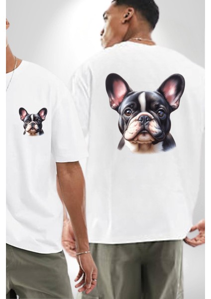 Evcil Dost Fransız Bulldog Köpek Dostu Beyaz Oversize Kadın Erkek Ön ve Sırt Baskılı Tişört