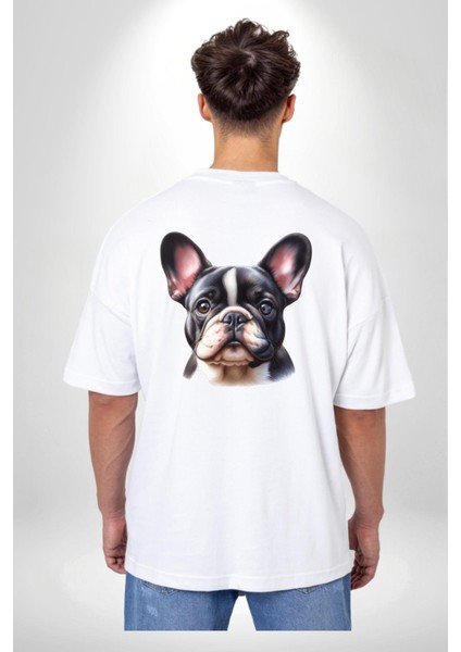 Evcil Dost Fransız Bulldog Köpek Dostu Beyaz Oversize Kadın Erkek Ön ve Sırt Baskılı Tişört fiyatları