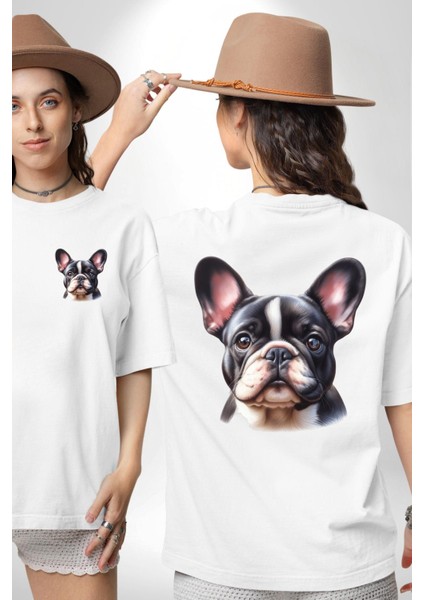 Evcil Dost Fransız Bulldog Köpek Dostu Beyaz Oversize Kadın Erkek Ön ve Sırt Baskılı Tişört fırsatları