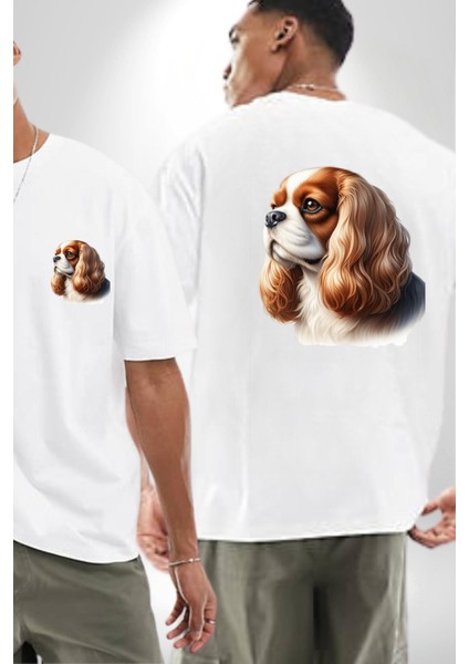 Cavalier King Charles Spaniel Köpek Tasarımı Beyaz Oversize Kadın Erkek Ön ve Sırt Baskılı Tişört