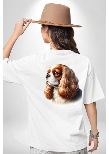 Cavalier King Charles Spaniel Köpek Tasarımı Beyaz Oversize Kadın Erkek Ön ve Sırt Baskılı Tişört fiyatları