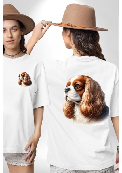 Cavalier King Charles Spaniel Köpek Tasarımı Beyaz Oversize Kadın Erkek Ön ve Sırt Baskılı Tişört fırsatları