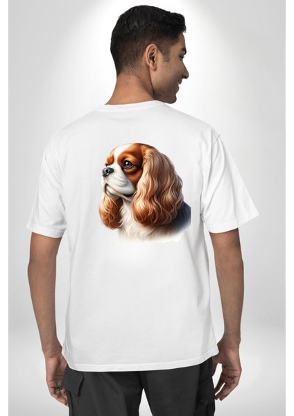 Cavalier King Charles Spaniel Köpek Tasarımı Beyaz Oversize Kadın Erkek Ön ve Sırt Baskılı Tişört indirimleri