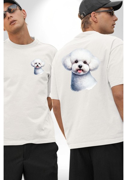 Bichon Frise Beyaz Tatlı Küçük Irk Köpek Beyaz Oversize Kadın Erkek Ön ve Sırt Baskılı Tişört