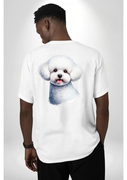 Bichon Frise Beyaz Tatlı Küçük Irk Köpek Beyaz Oversize Kadın Erkek Ön ve Sırt Baskılı Tişört fiyatları