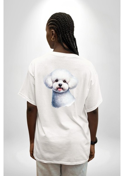 Bichon Frise Beyaz Tatlı Küçük Irk Köpek Beyaz Oversize Kadın Erkek Ön ve Sırt Baskılı Tişört indirimleri