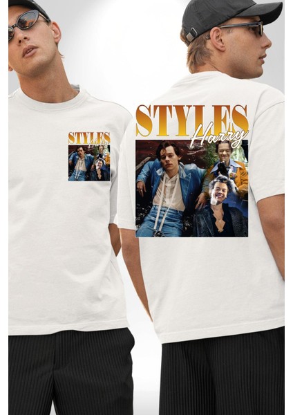 Harry Styles Moda Popüler Şarkıcı Beyaz Oversize Kadın Erkek Ön ve Sırt Baskılı Tişört