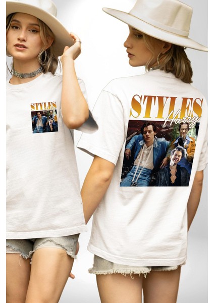 Harry Styles Moda Popüler Şarkıcı Beyaz Oversize Kadın Erkek Ön ve Sırt Baskılı Tişört fırsatları