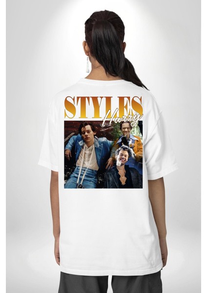 Harry Styles Moda Popüler Şarkıcı Beyaz Oversize Kadın Erkek Ön ve Sırt Baskılı Tişört indirimleri