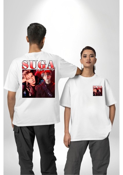 Suga Müzisyen K-Pop Hayranları Için Beyaz Oversize Kadın Erkek Ön ve Sırt Baskılı Tişört
