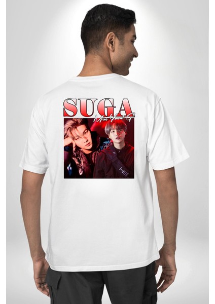 Suga Müzisyen K-Pop Hayranları Için Beyaz Oversize Kadın Erkek Ön ve Sırt Baskılı Tişört fiyatları