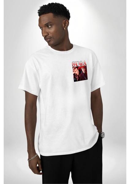 Suga Müzisyen K-Pop Hayranları Için Beyaz Oversize Kadın Erkek Ön ve Sırt Baskılı Tişört modelleri