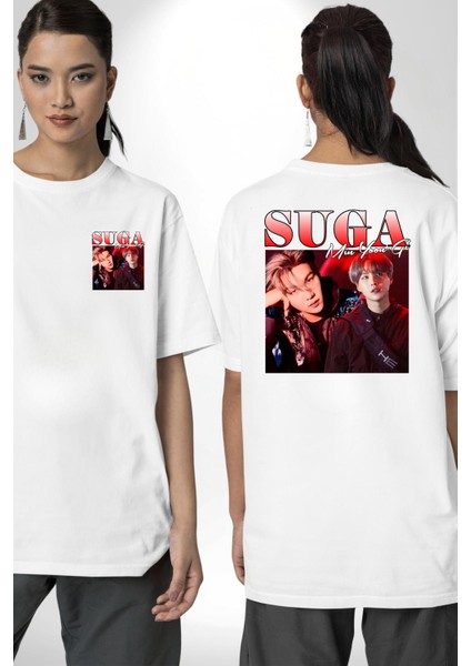 Suga Müzisyen K-Pop Hayranları Için Beyaz Oversize Kadın Erkek Ön ve Sırt Baskılı Tişört fırsatları