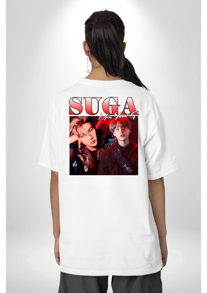 Suga Müzisyen K-Pop Hayranları Için Beyaz Oversize Kadın Erkek Ön ve Sırt Baskılı Tişört indirimleri